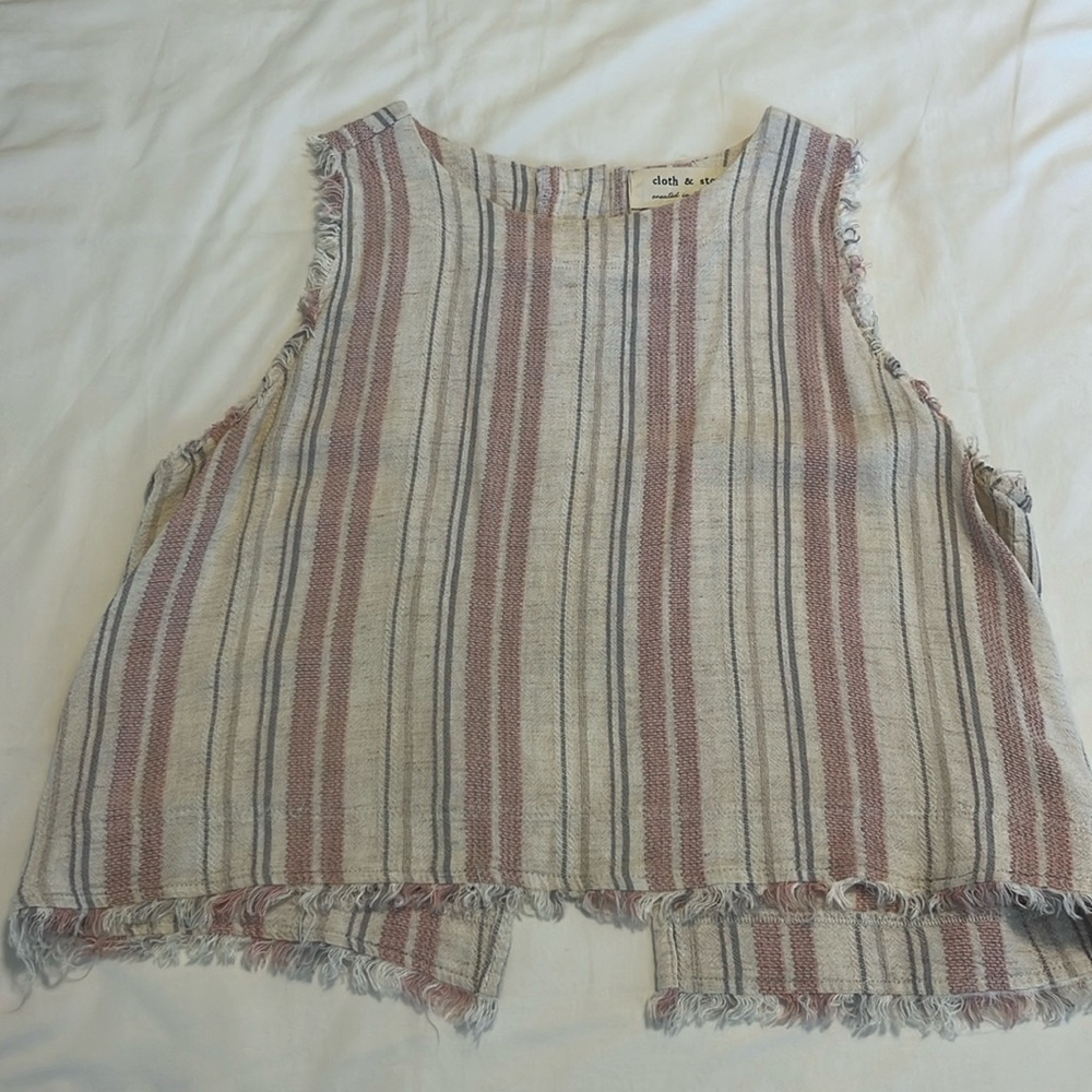 Anthropologie Cloth & Stone Stripped Frayed Crop Top with Buttoned Back